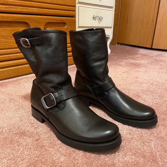 Frye Veronica Black Leather Moto Boot with Pewter Hardware - Picture 3 of 10